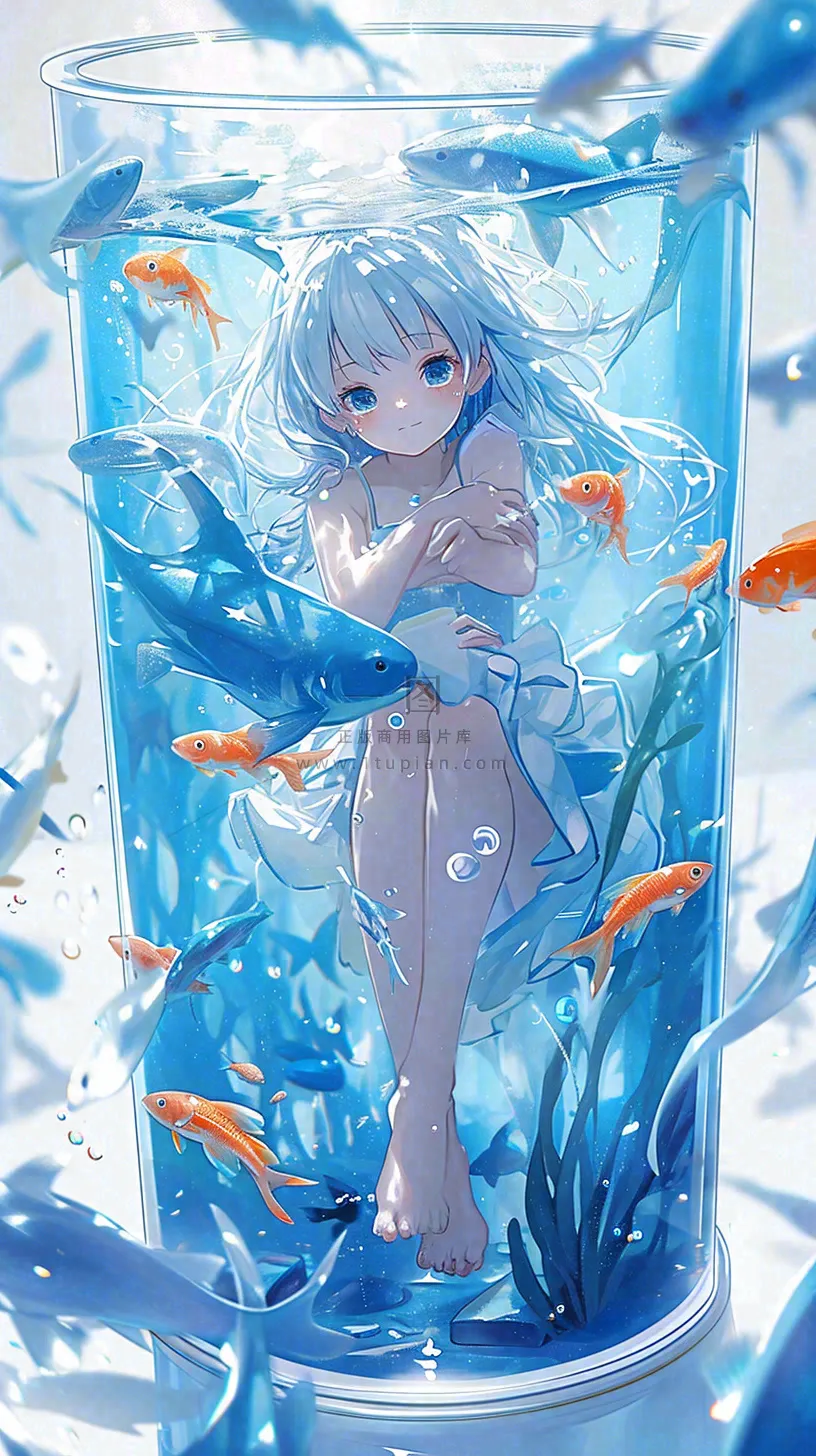 蓝色水面美人鱼，鱼类少女动漫漫画手绘插画