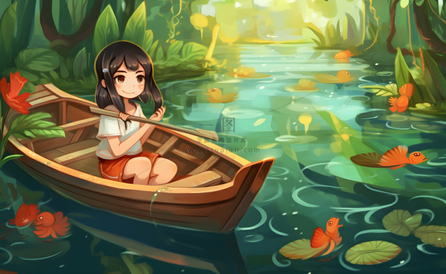 在湖中划船的女孩睡莲绿叶插画海报背景