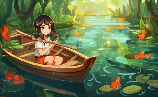 在湖中划船的女孩睡莲绿叶插画海报背景 在湖中划船的女孩睡莲绿叶插画海报背景