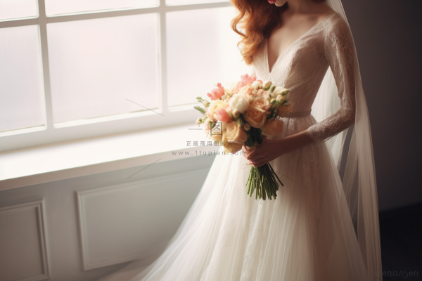 拿手捧花的新娘白色婚纱摄影图