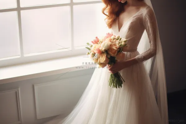 拿手捧花的新娘白色婚纱摄影图