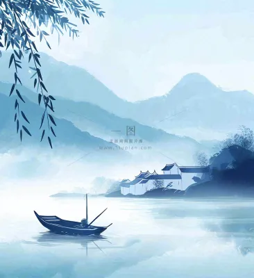 中国风意境湖面山脉云层山水画插画