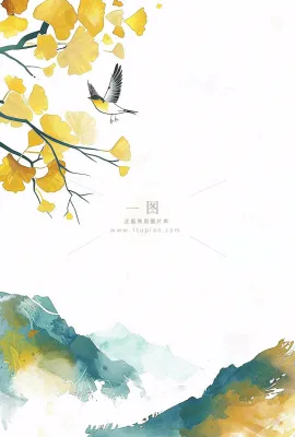 秋天银杏叶鸟儿中国风水彩国画立秋白露秋分插画背景 秋天银杏叶鸟儿中国风水彩国画立秋白露秋分插画背景