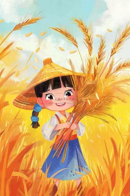 秋收麦田里抱着麦穗的女孩农民芒种立秋秋分卡通插画背景
