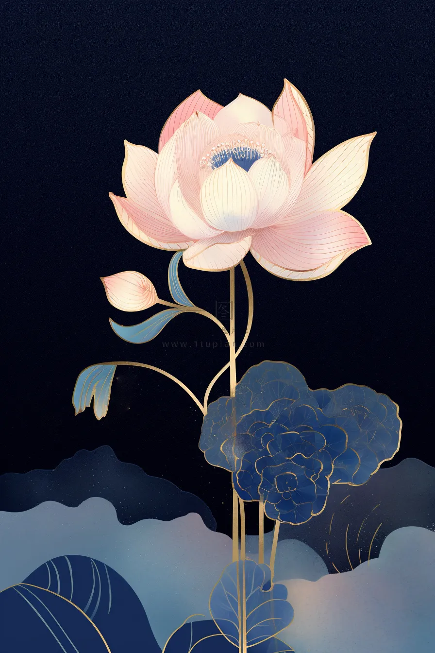 简约意境山水荷花蓝色背景