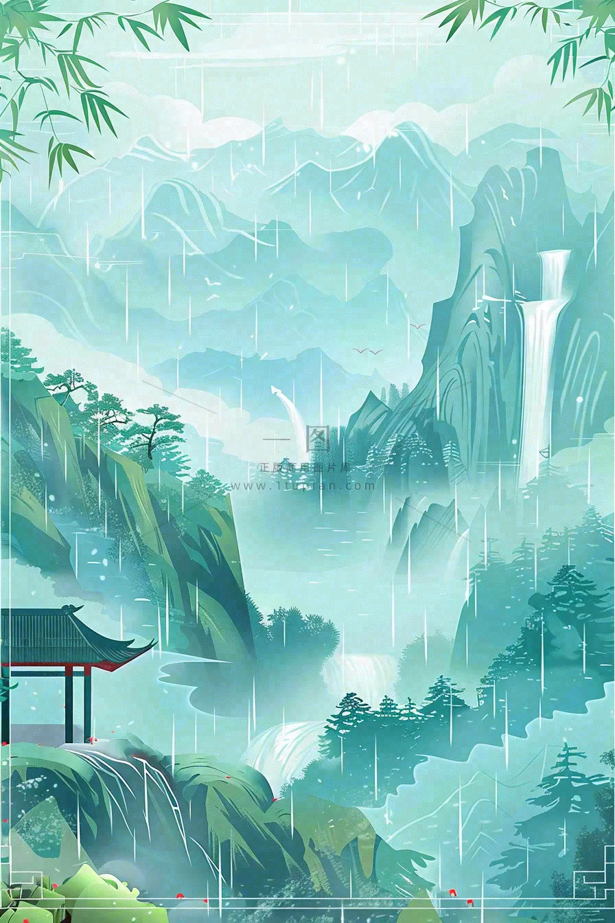 春天中国风古风山水水墨画雨天雨水谷雨清明插画背景
