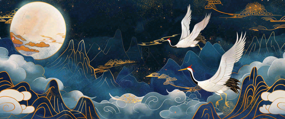 国潮山水中国风手绘祥云仙鹤插画古风唯美山水风景动物蓝金背景 国潮山水中国风手绘祥云仙鹤插画古风唯美山水风景动物蓝金背景