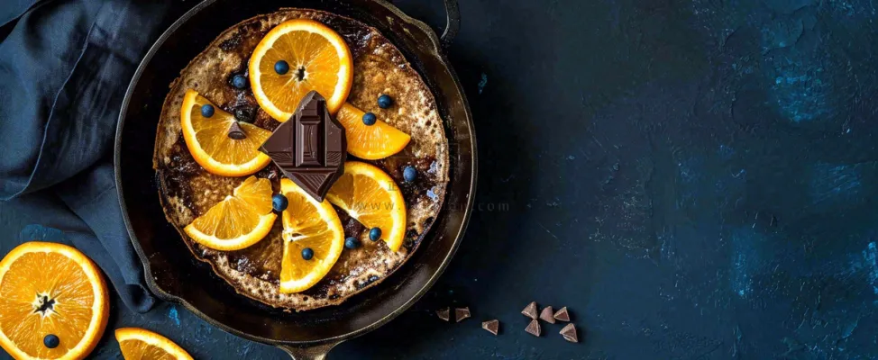 美食简约烤饼蛋糕，巧克力水果橙子摄影图