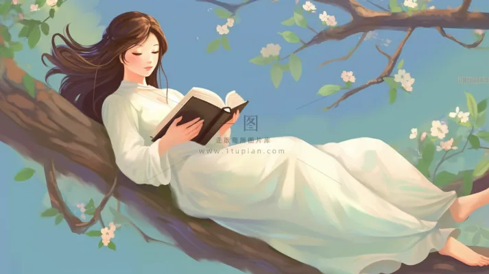 春天梨花树上读书的少女卡通插画背景