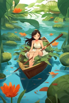 夏日女孩在荷叶睡莲湖面划船观赏卡通插画素材背景