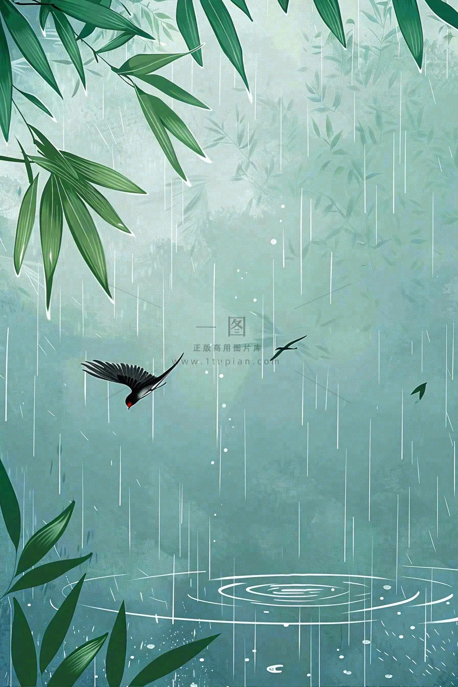 春天大雨磅礴绿叶植物燕子雨滴敲打水面雨水谷雨卡通插画背景