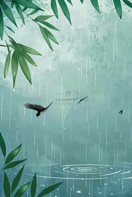春天大雨磅礴绿叶植物燕子雨滴敲打水面雨水谷雨卡通插画背景 春天大雨磅礴绿叶植物燕子雨滴敲打水面雨水谷雨卡通插画背景