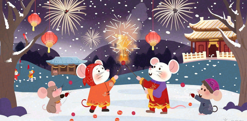 鼠年新年雪地放烟花的老鼠新年春节氛围热闹卡通插画背景