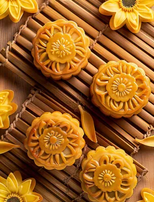 中国传统糕点月饼竹制托盘上的月饼中秋节木制背景摄影图