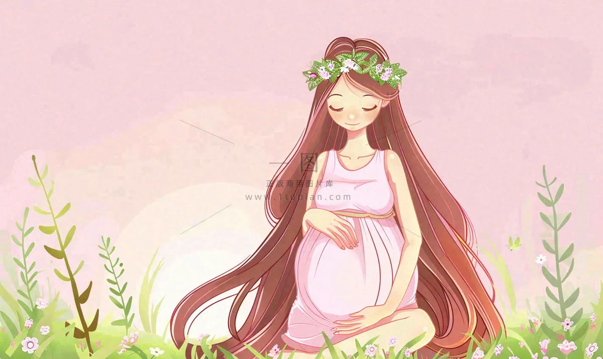 草丛鲜花里的孕妈妈唯美场景母爱母亲节粉色插画背景
