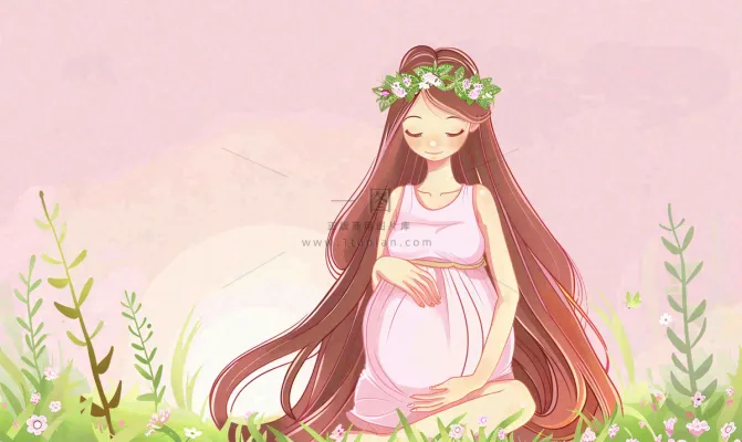 草丛鲜花里的孕妈妈唯美场景母爱母亲节粉色插画背景 草丛鲜花里的孕妈妈唯美场景母爱母亲节粉色插画背景