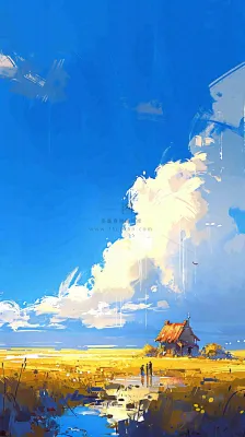 春天乡村河流倒影草地蓝天白云小屋手绘插画 春天乡村河流倒影草地蓝天白云小屋手绘插画