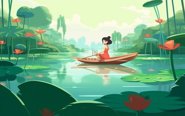 湖泊划船睡莲风光插画背景