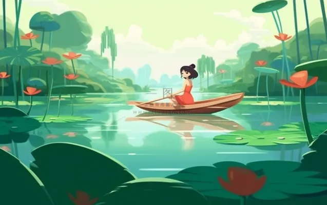 湖泊划船睡莲风光插画背景 湖泊划船睡莲风光插画背景