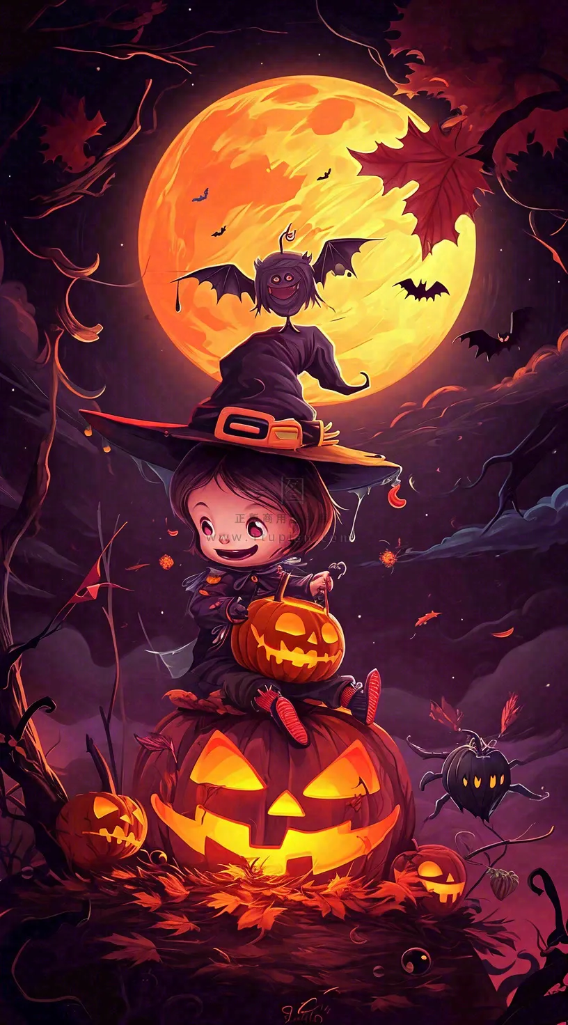 万圣节夜晚黑色南瓜恐怖卡通小鬼手绘插画