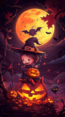 万圣节夜晚黑色南瓜恐怖卡通小鬼手绘插画