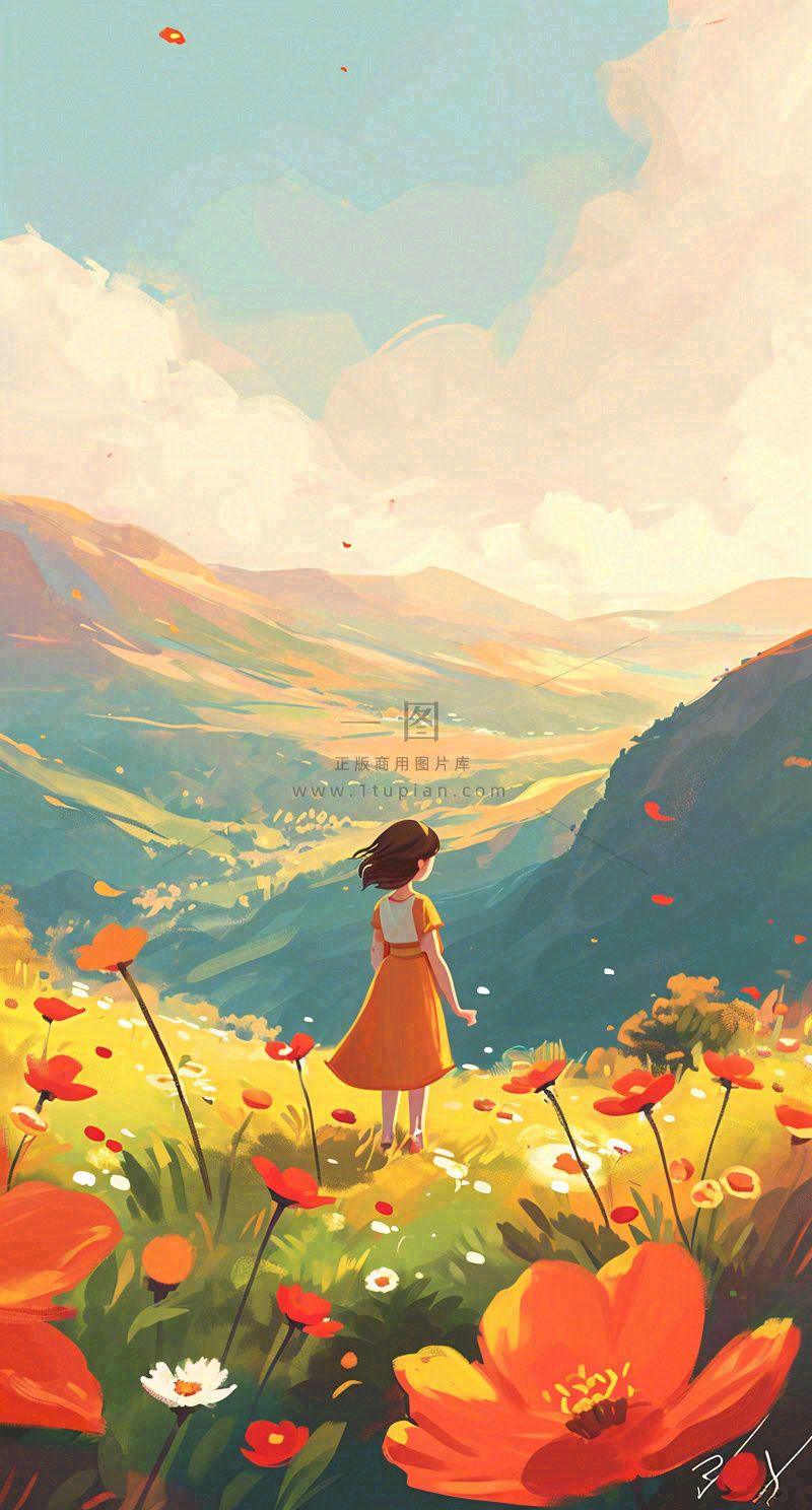 春日浪漫山脉鲜花草坪里的女孩,油画手绘插画,春分