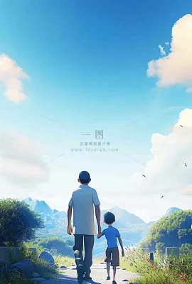 蓝天白云下行走背影，父亲节父爱温馨
