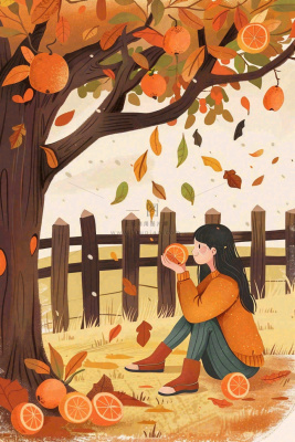 秋天橘子树下的女孩果实果树丰收立秋秋分卡通插画背景 秋天橘子树下的女孩果实果树丰收立秋秋分卡通插画背景