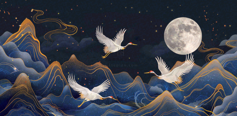 国潮山水中国风手绘祥云仙鹤插画古风唯美山水风景动物蓝金背景 国潮山水中国风手绘祥云仙鹤插画古风唯美山水风景动物蓝金背景