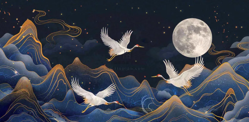国潮山水中国风手绘祥云仙鹤插画古风唯美山水风景动物蓝金背景 国潮山水中国风手绘祥云仙鹤插画古风唯美山水风景动物蓝金背景