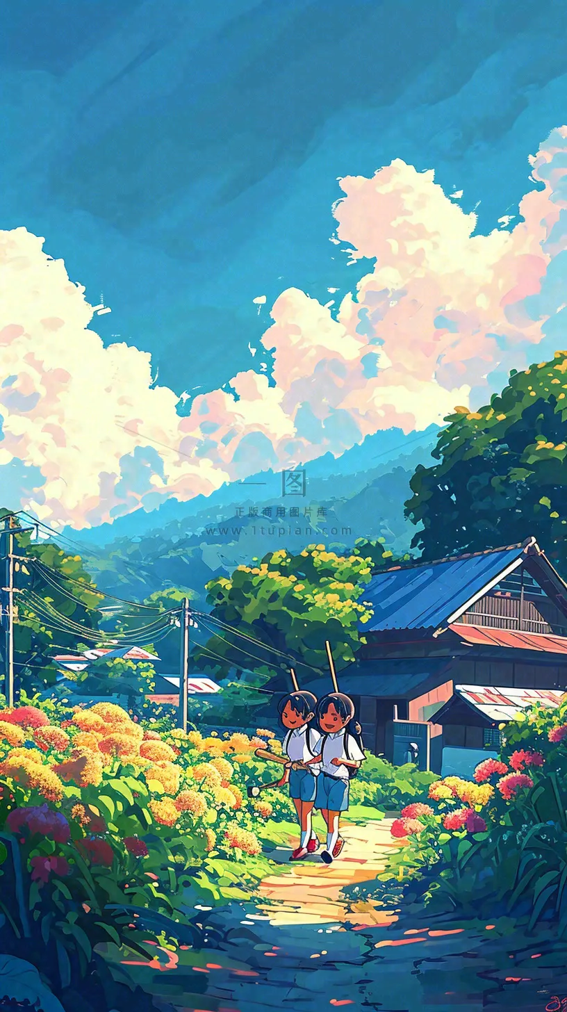 清新蓝天白云儿童路边行走手绘插画,花丛草地植物