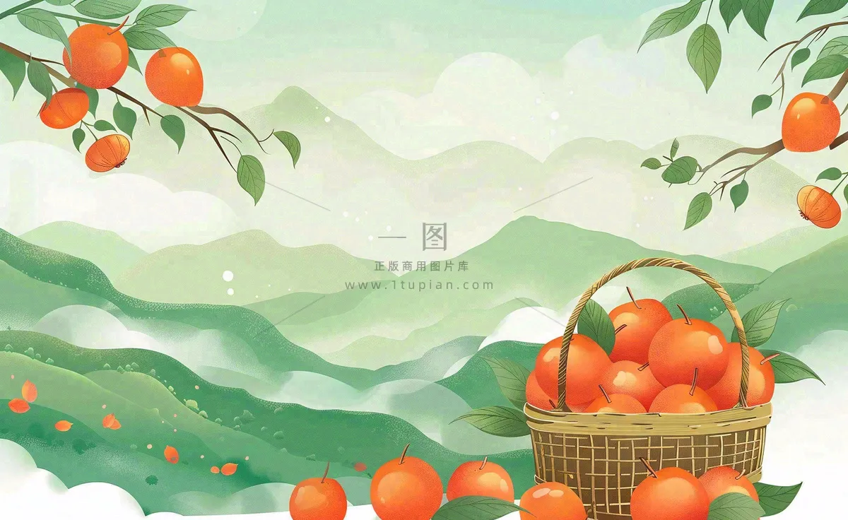 秋天丰收季果树成熟果篮橘子黄杏处暑立秋秋分卡通插画背景