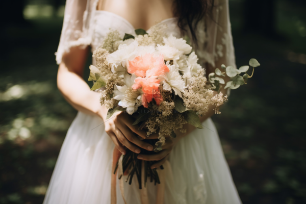 拿手捧花新娘白色婚纱森林婚礼摄影图