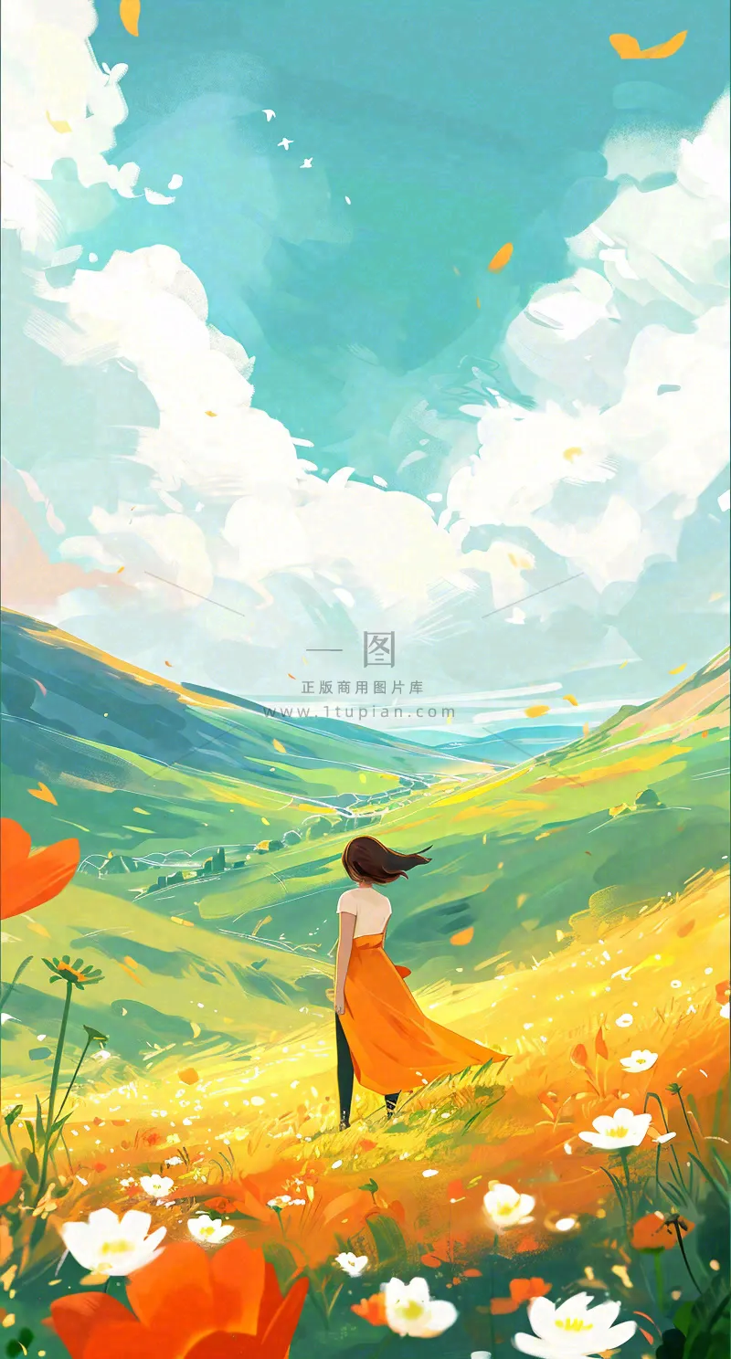 春日浪漫山脉鲜花草坪里的女孩,油画手绘插画,春分