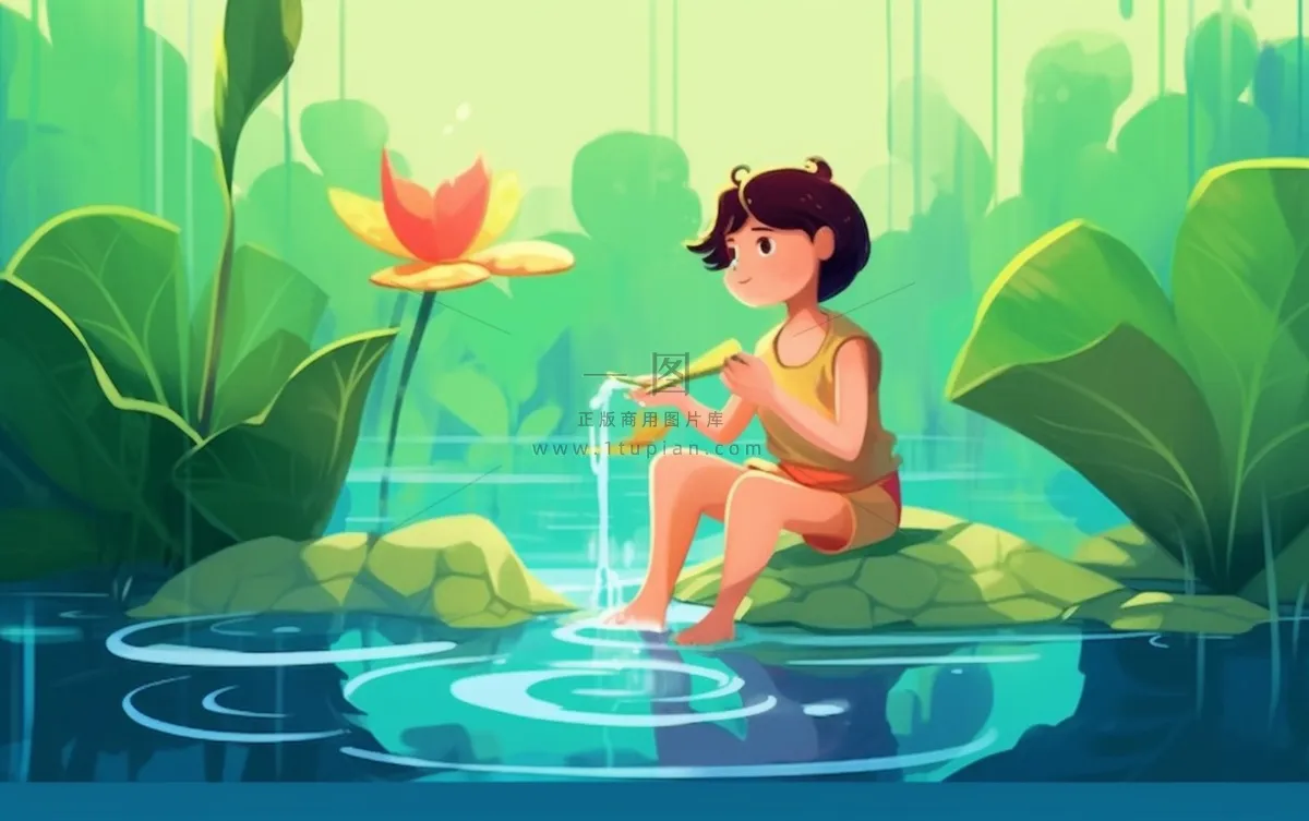 湖泊坐着睡莲上的人碧蓝插画背景