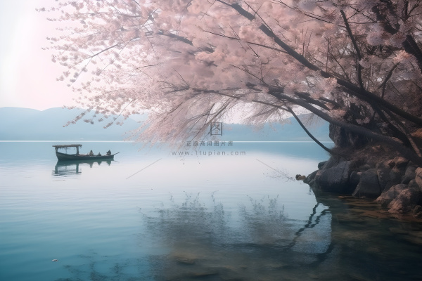 湖边的树开满了花朵，湖上有一艘船摄影图桌面壁纸