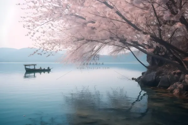 湖边的树开满了花朵，湖上有一艘船摄影图桌面壁纸