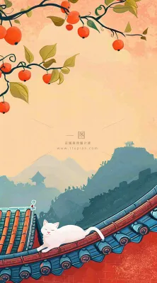 秋天红色宫墙上的白猫柿子树国风插画立秋秋分背景 秋天红色宫墙上的白猫柿子树国风插画立秋秋分背景