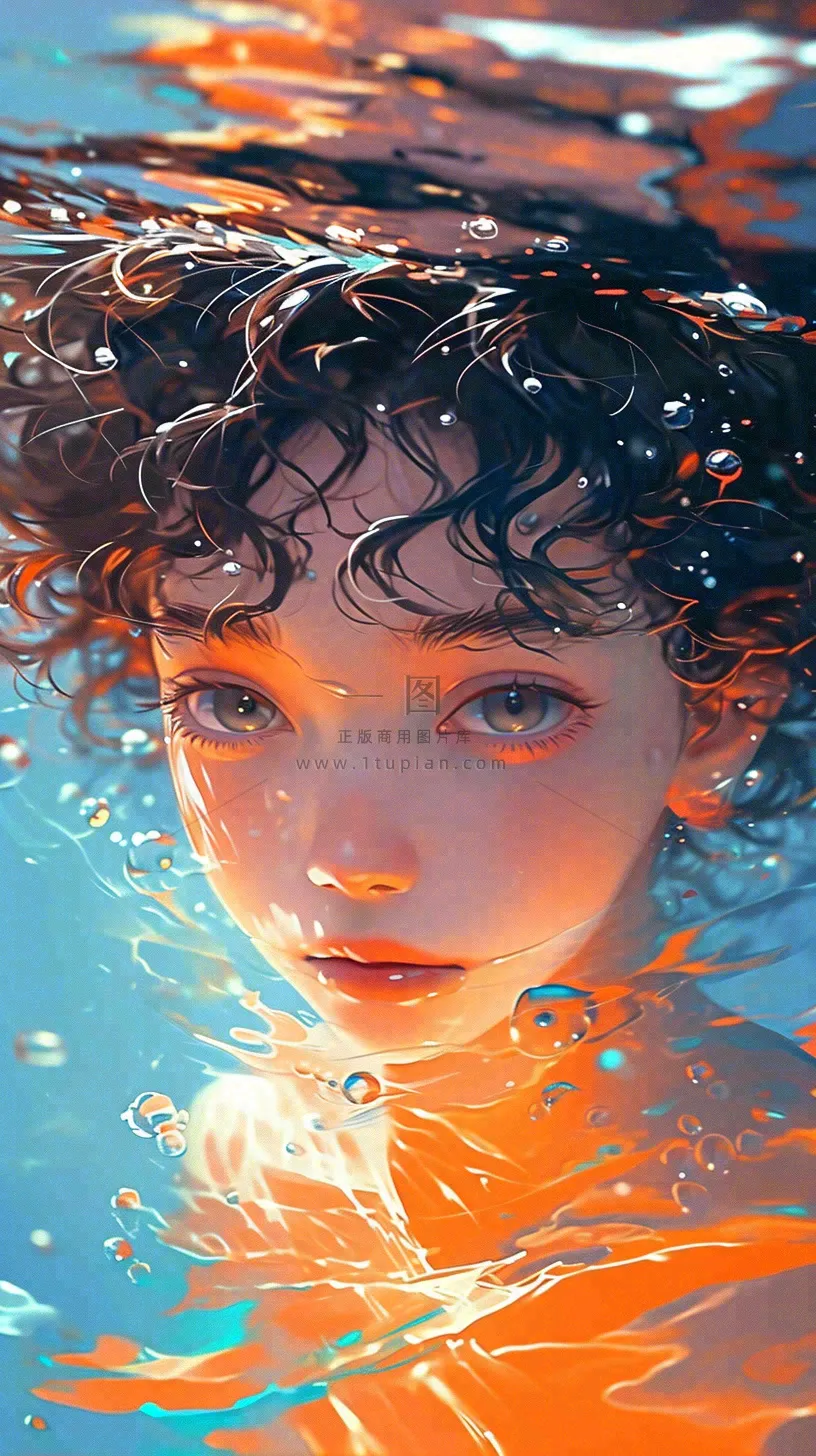 阳光泳池游泳人物男女，金鱼水面海上，反光色彩摄影图