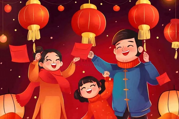 新年春节一家人出游红灯笼红包除夕元宵节红色卡通插画背景