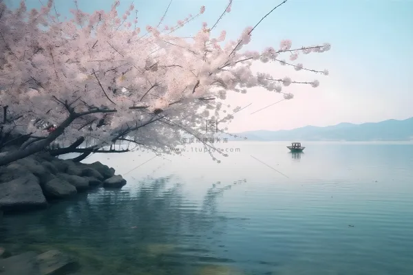 湖边的树开满了花朵，湖上有一艘船摄影图桌面壁纸
