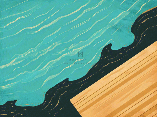 海边清爽扁平条纹插画手绘，海浪夏日