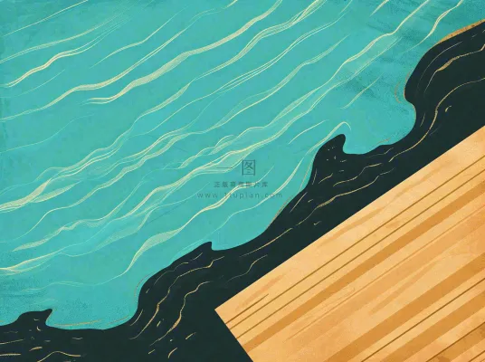 海边清爽扁平条纹插画手绘，海浪夏日