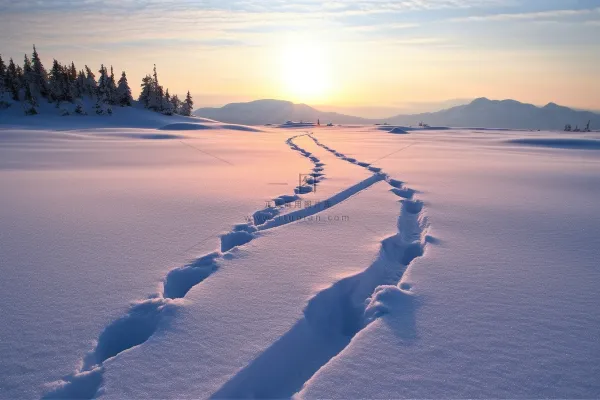 冬天雪地里走过的脚印雪景摄影图