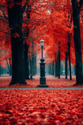 秋天公园深红色树叶树落叶摄影图