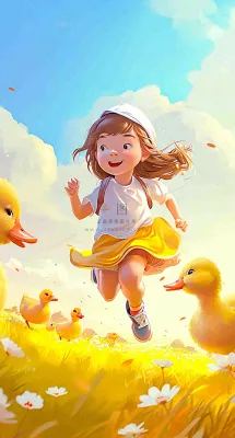 儿童节可爱鸭子奔跑,蓝天白云草地童真玩耍,清新插画 儿童节可爱鸭子奔跑,蓝天白云草地童真玩耍,清新插画