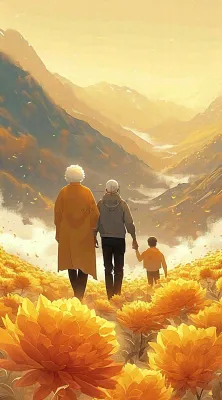 老人相伴到老，菊花黄色花朵，落日山脉