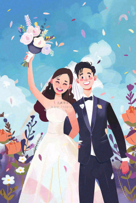 婚礼典礼的夫妻恋人唯美浪漫温馨七夕情人节卡通插画背景