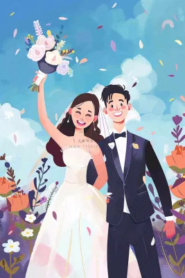 婚礼典礼的夫妻恋人唯美浪漫温馨七夕情人节卡通插画背景