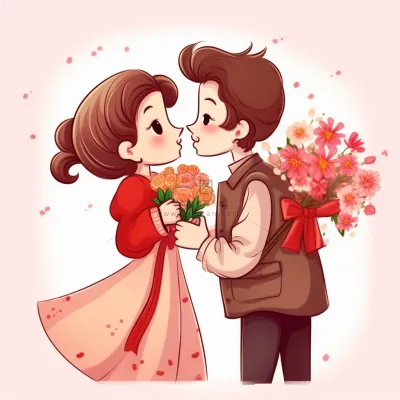 520情人节情侣亲吻送花插画素材背景